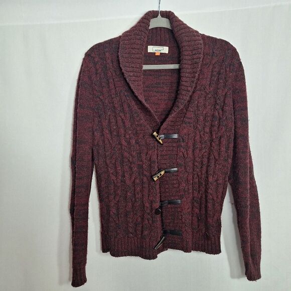 Andean Mens Alpaca Wool Blend Cable Knit Shawl Cardigan Sweater Maroon Small - Picture 2 of 15